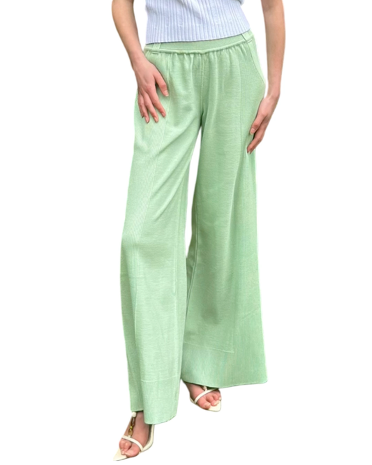 Summer Breathable Relaxed Fit Knitted Cotton Mint Wide Leg Trousers - AALKAMI.London