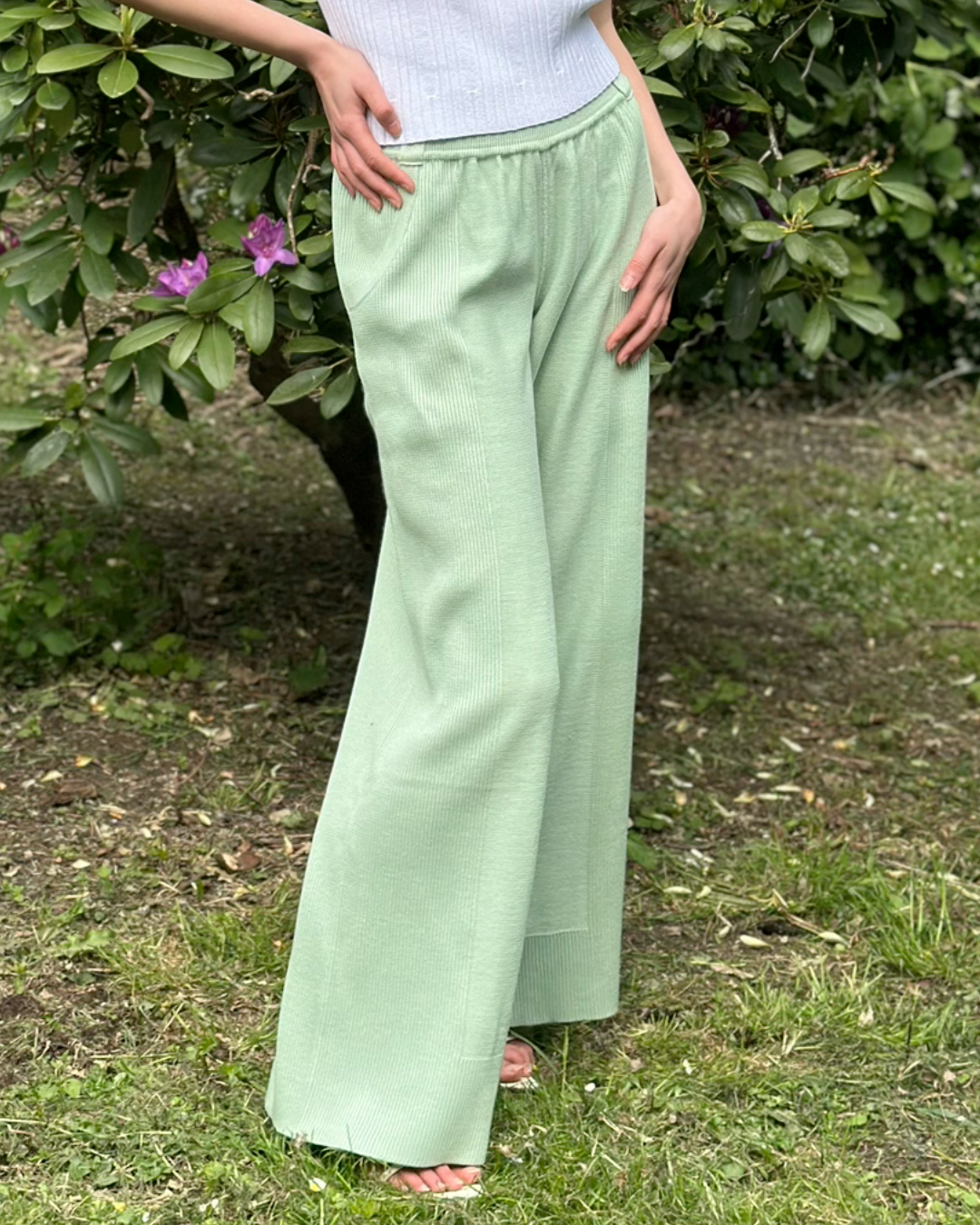 Lightweight Summer Classic Knitted Cotton Mint Wide Leg Trousers - AALKAMI.London