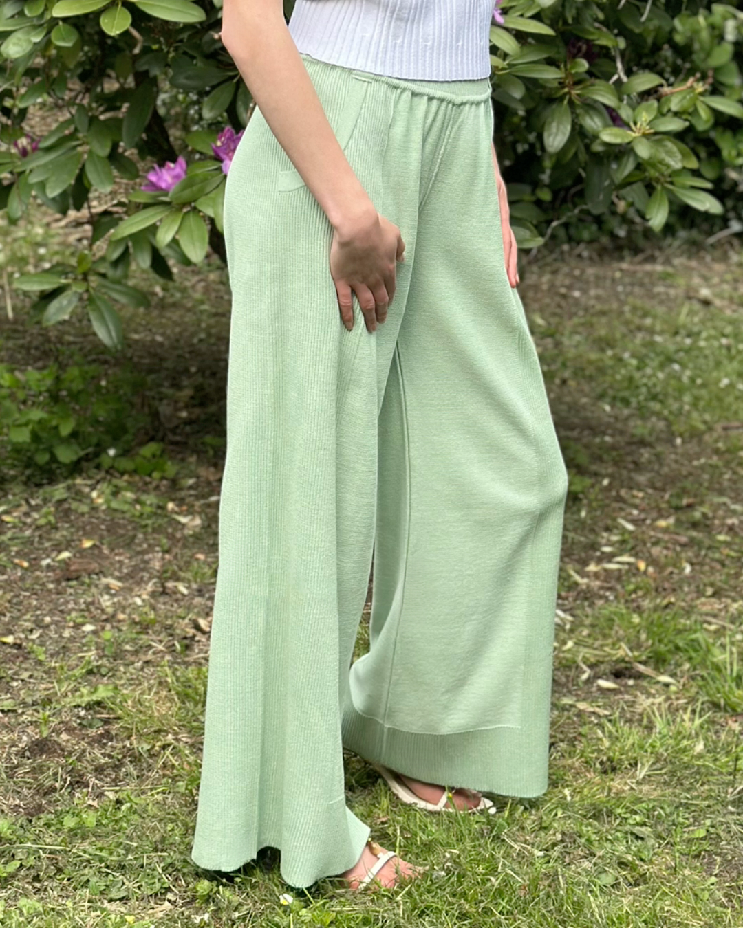 Summer Light Knitted Loose Fit Cotton Mint Wide Leg Trousers - AALKAMI.London