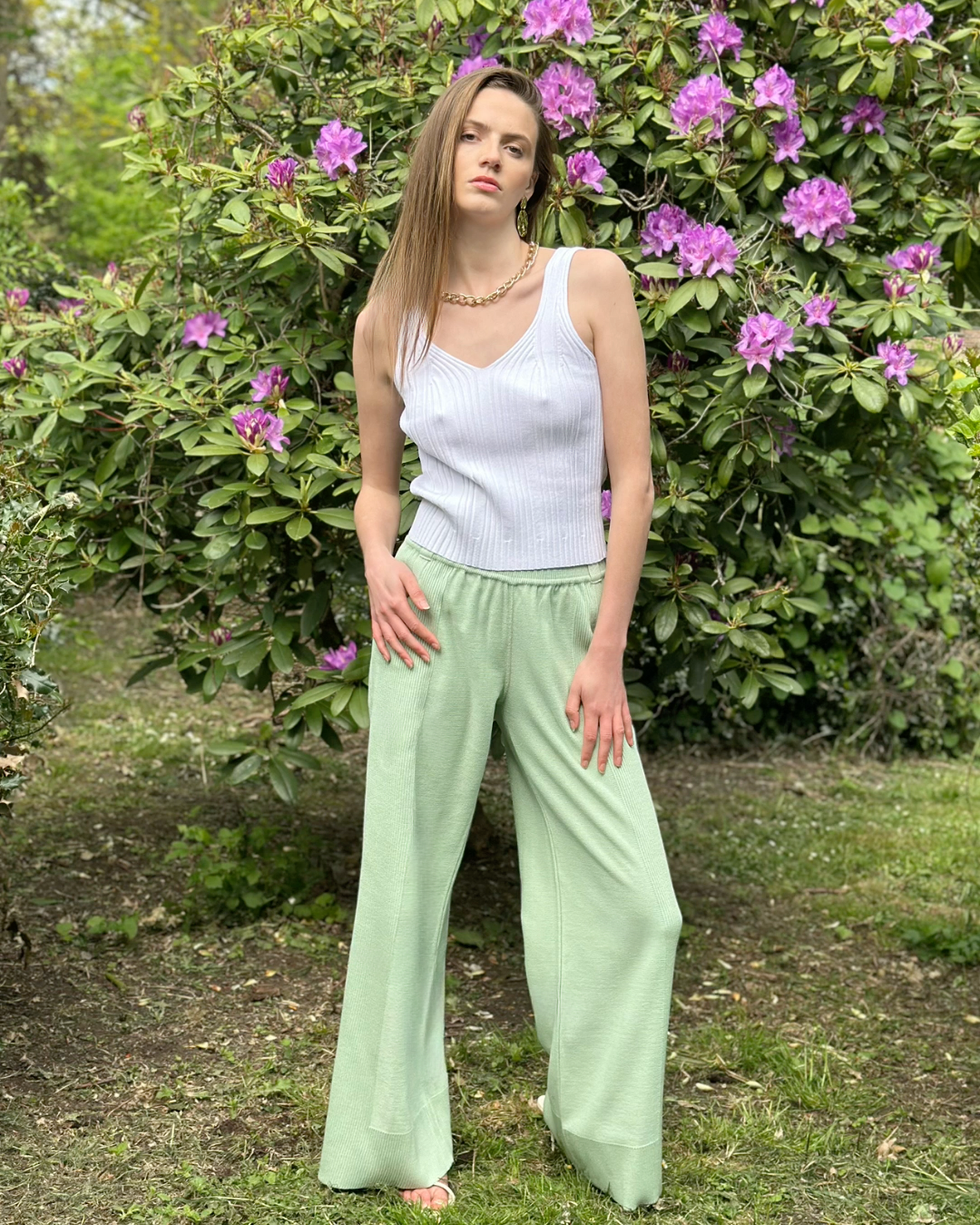 Summer Light Breezy Ethically Made Knitted Cotton Mint Wide Leg Trousers - AALKAMI.London
