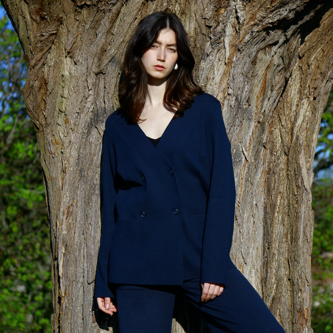 Elegant Knitted Cotton Navy Double-Breasted Summer Blazer - AALKAMI.London