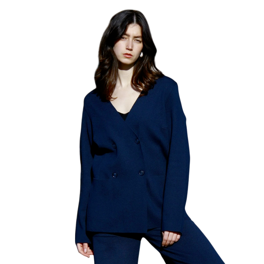 Relaxed Fit Cotton Navy Knitted Double-Breasted Summer Blazer - AALKAMI.London