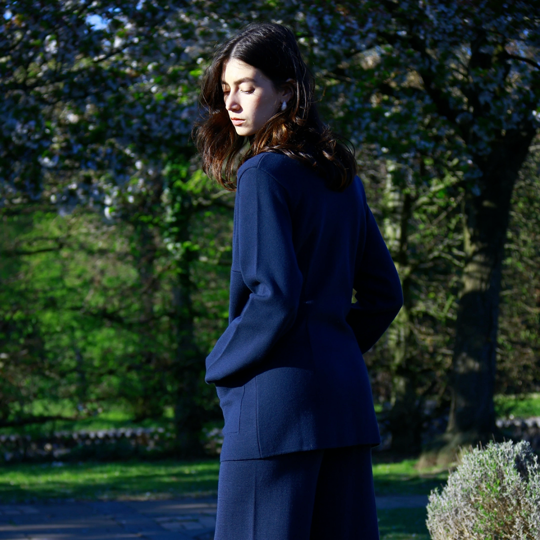 Cotton Classic Fit Lightweight Navy Knitted Double-Breasted Women’s Summer Blazer - AALKAMI.London