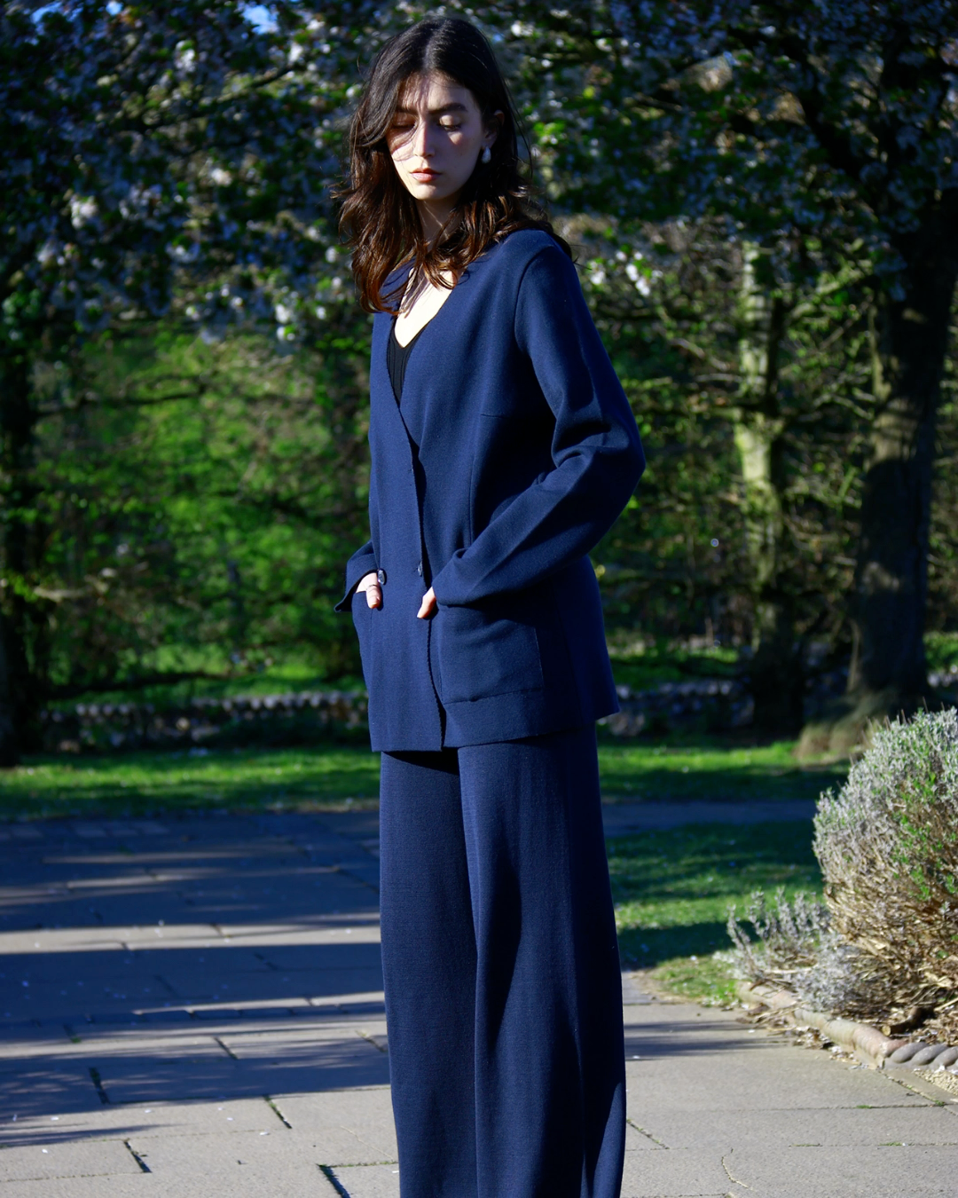 Breathable Classic Cut Knitted Cotton Navy Double-Breasted Women’s Summer Blazer - AALKAMI.London