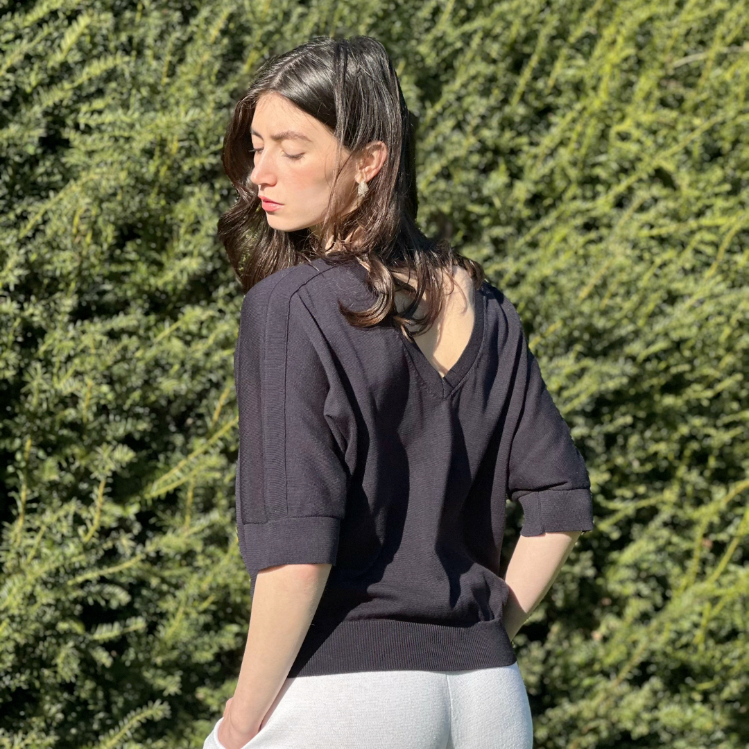 Elegant Relaxed Fit Knitted Cotton Navy Open Back Knitted Summer Top - AALKAMI.London