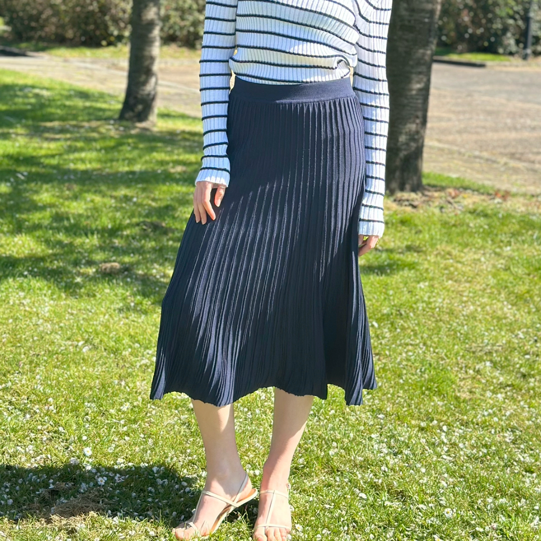 Cotton Navy Ribbed MIDI Skirt - AALKAMI.London
