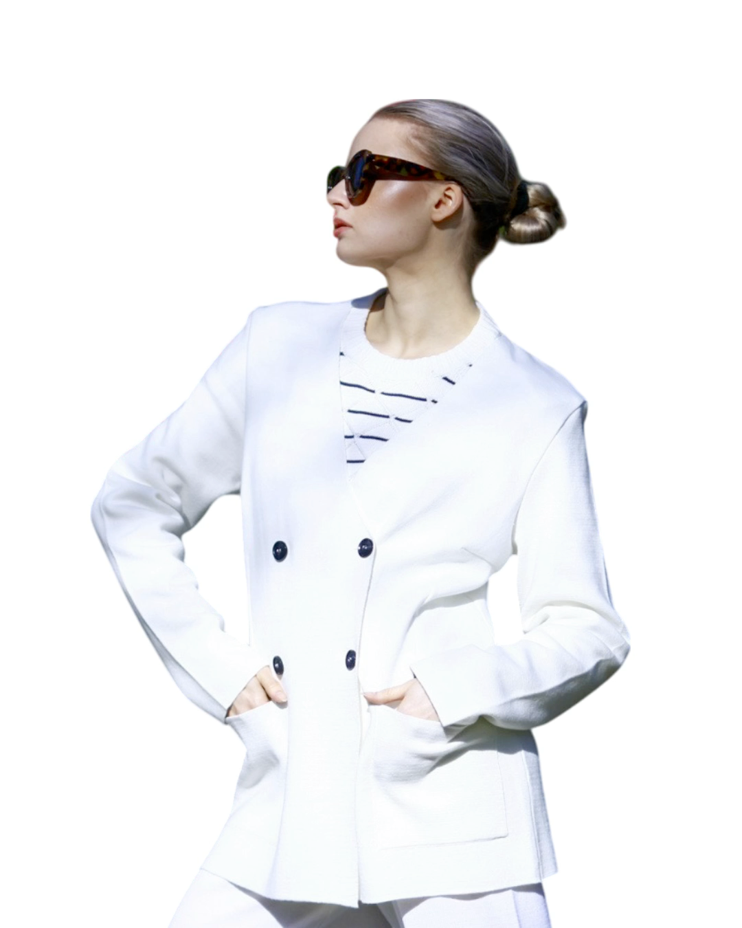 Classic Design Relaxed Silhouette Cotton White Knitted Double-Breasted Women’s Summer Blazer - AALKAMI.London