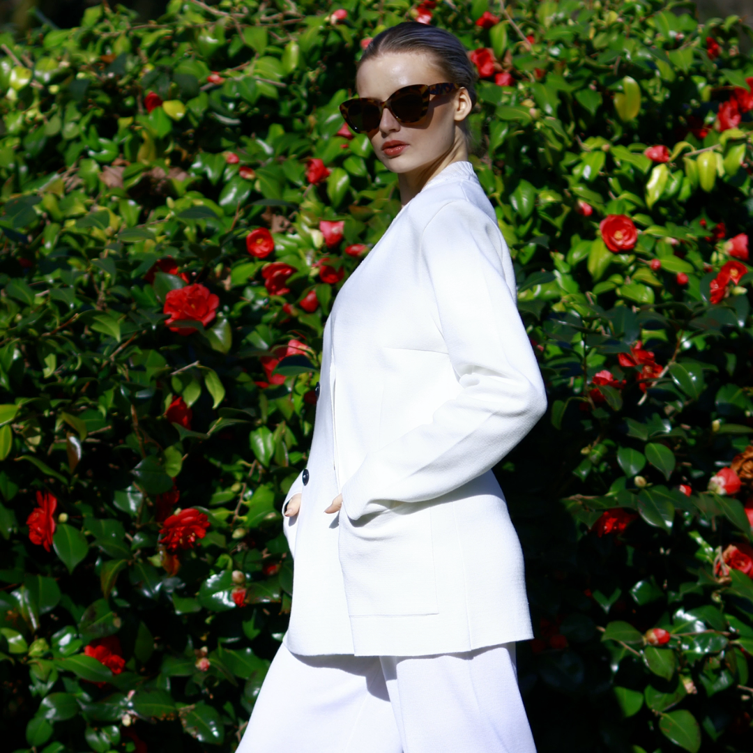 Elegant Relaxed Fit Cotton Knitted White Double-Breasted Summer Blazer - AALKAMI.London