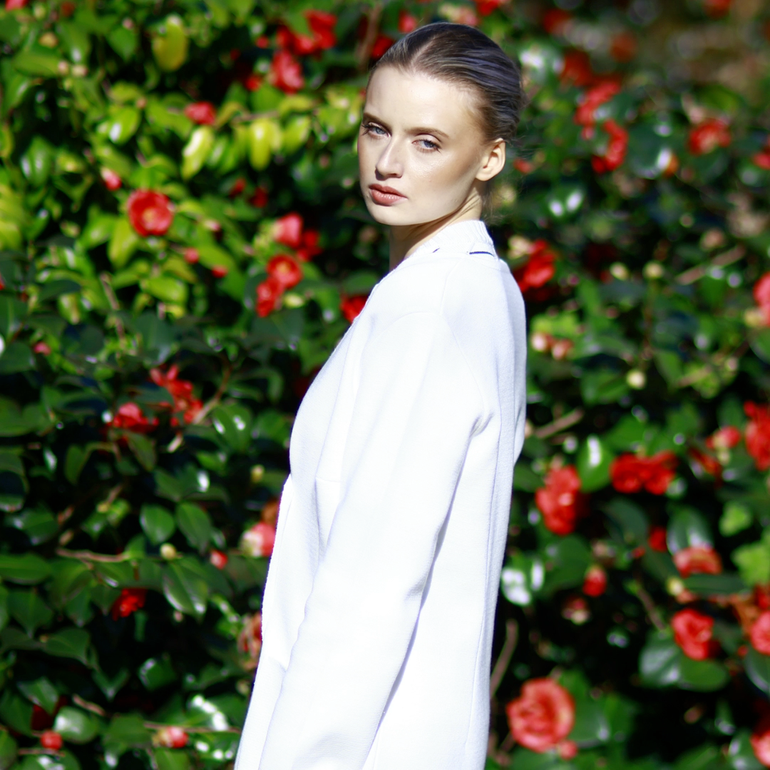 Relaxed Silhouette Light Cotton White Knitted Double-Breasted Summer Blazer - AALKAMI.London