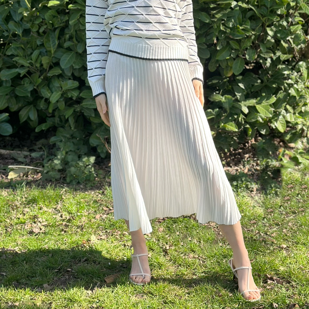 Lightweight Soft Cotton White Ribbed MIDI Summer Skirt - AALKAMI.London