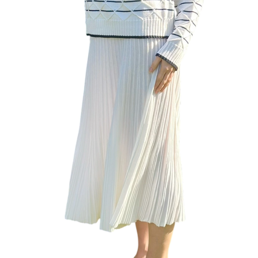 Breathable A-Line Elasticated Waistband Cotton White Ribbed MIDI Summer Skirt - AALKAMI.London