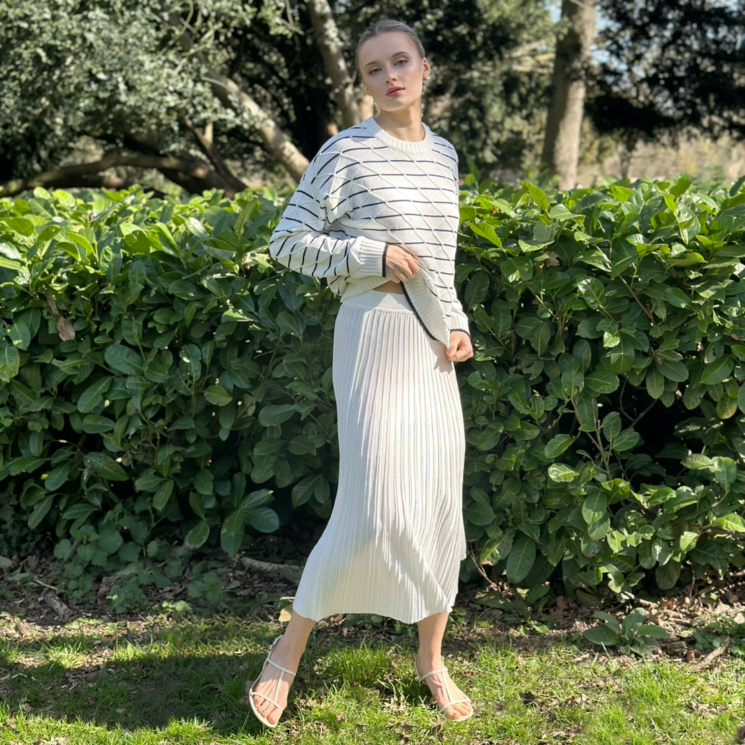 Classic Style Elegant Design Airy Knitted Cotton White Ribbed MIDI Summer Skirt - AALKAMI.London