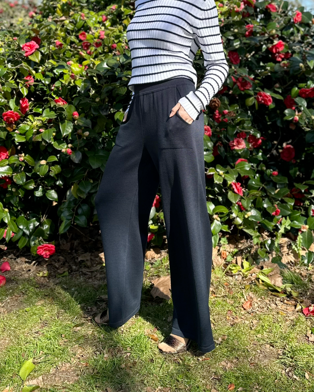 Elegant Straight Fit Silhouette Breathable Cotton Navy Wide Leg Trousers - AALKAMI.London