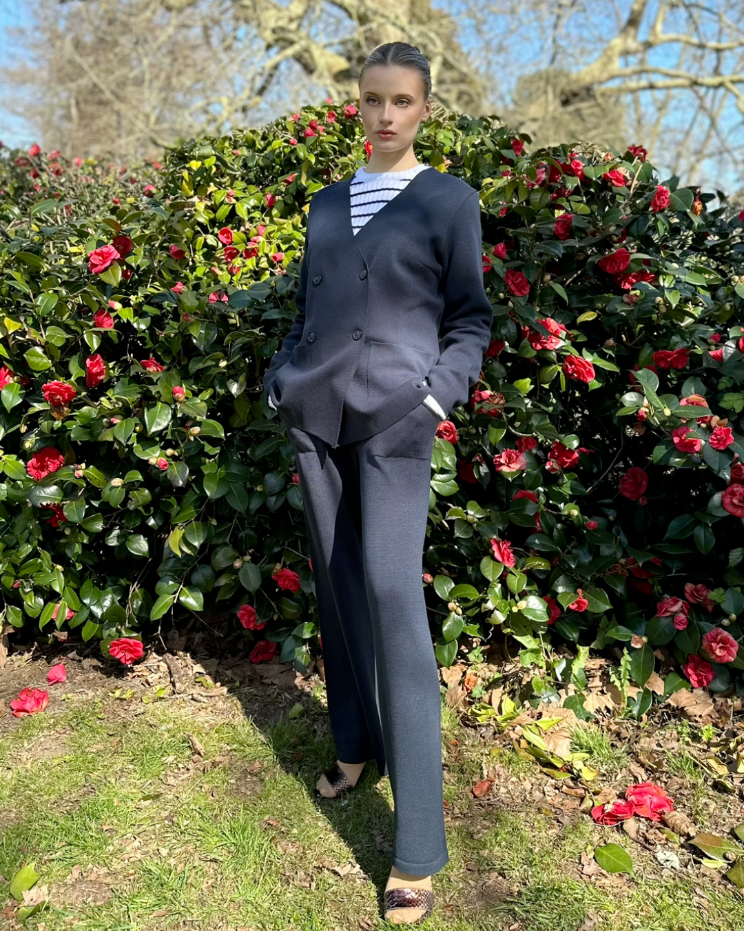 Classic Fit Elasticated Waistband Breezy Soft Knitted Cotton Wide Leg Navy Trousers - AALKAMI.London