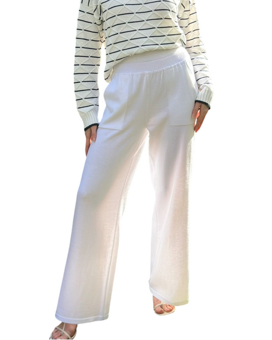 Elegant Cut Breathable Cotton Wide Leg Knitted Trousers - AALKAMI.London