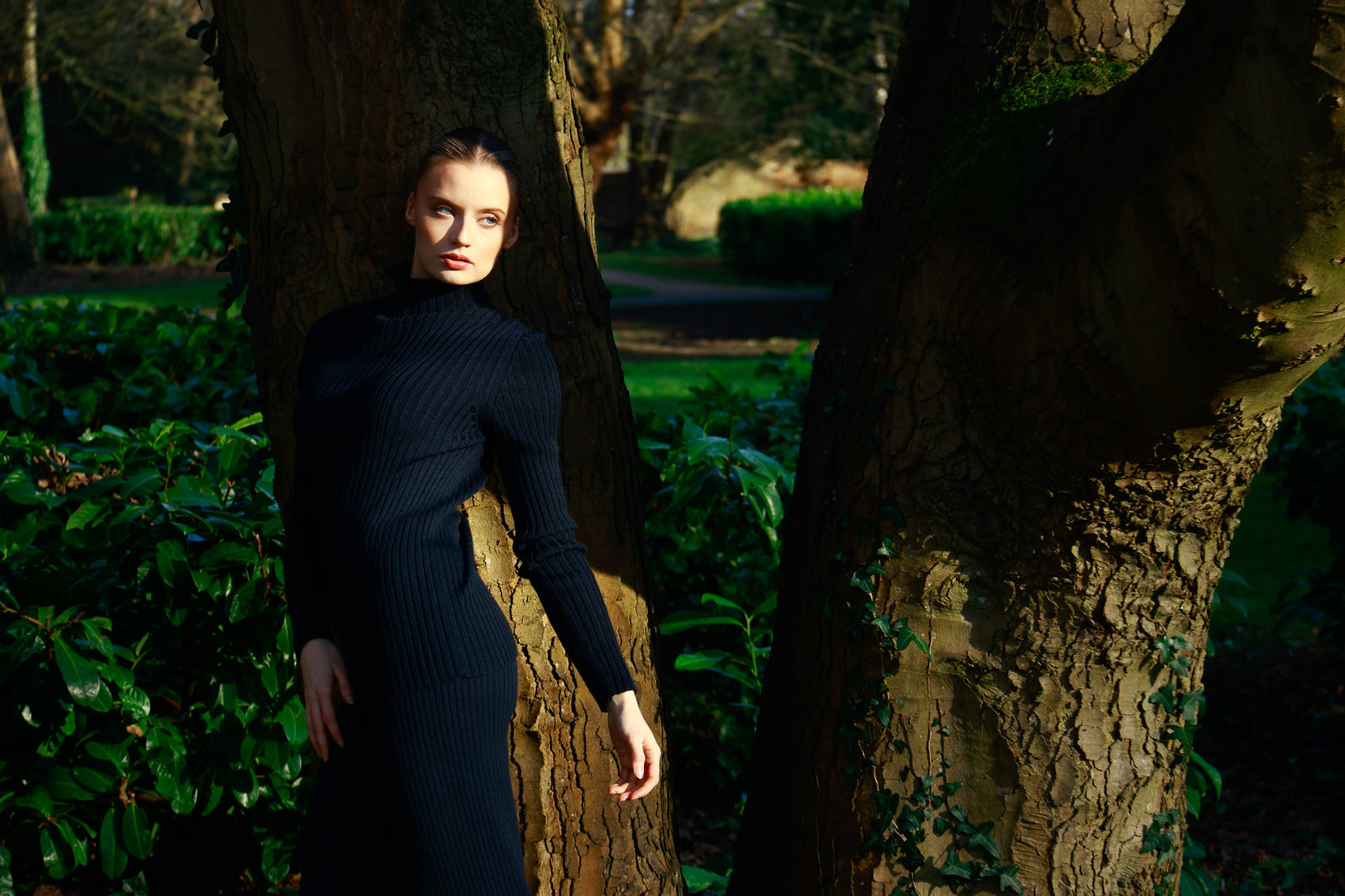 Dramatic Dark Blue Knitted Ribbed Top and Skirt