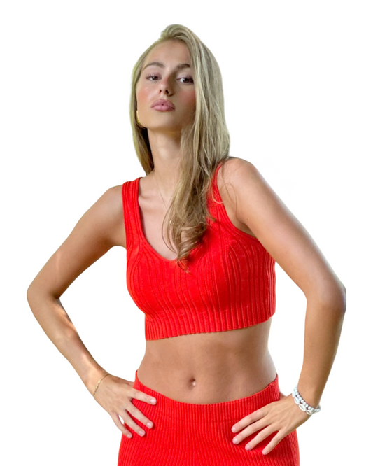 Ribbed Fitted Sleeveless Red Knitted Short Top - AALKAMI.London 