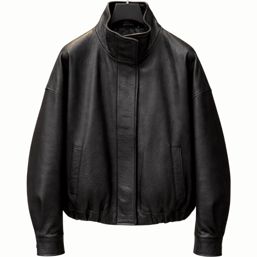 Grained-Leather Relaxed Fit Elasticated Hem Oversized Funnel Neck Front Zip With Press-Stud Placket - AALKAMI.London