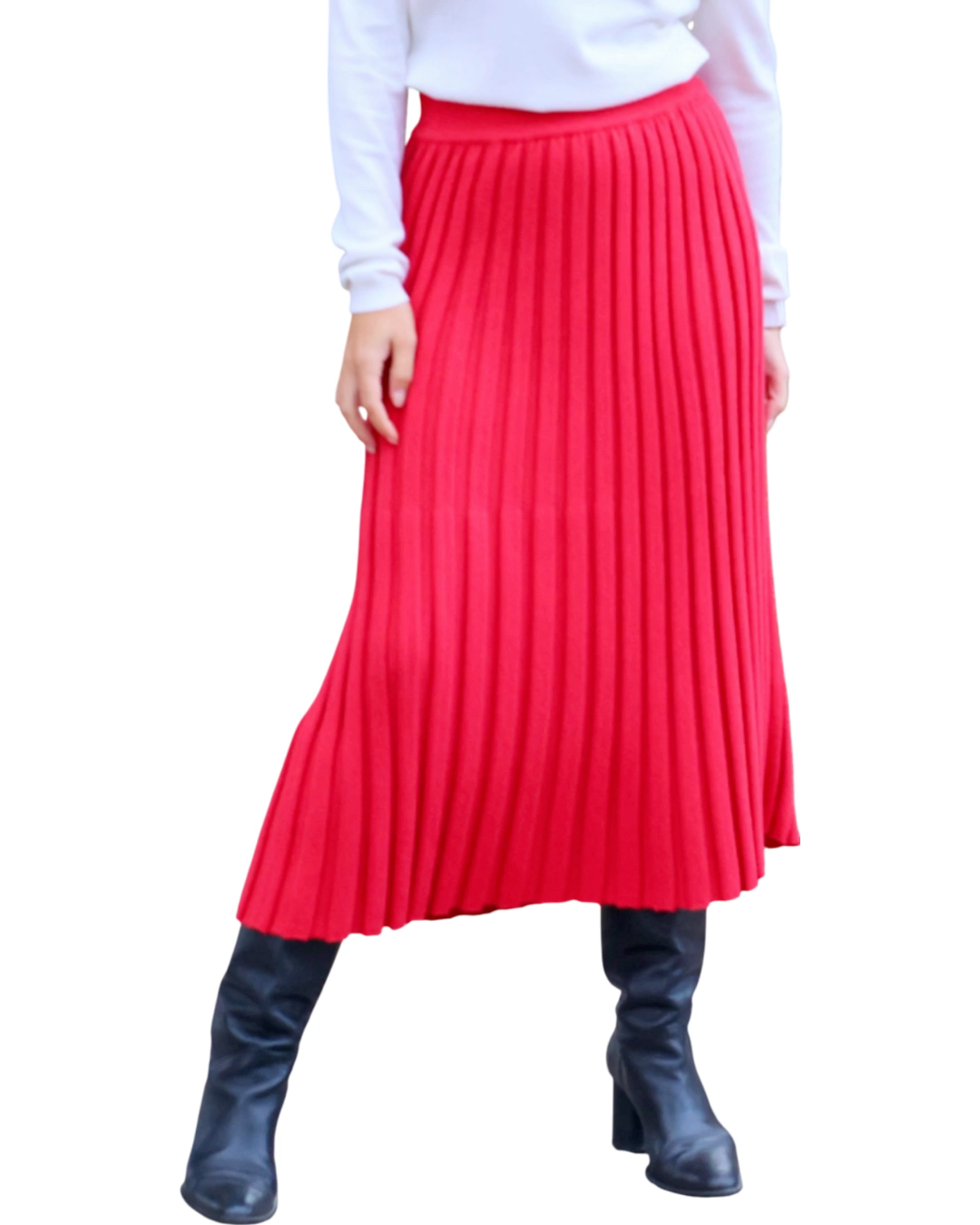 Summer Light Cotton Knitted Pleated Red MIDI Skirt - AALKAMI.London