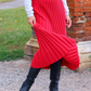 Cotton Lightweight Pull On Knitted Pleated Red MIDI Skirt - AALKAMI.London