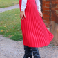 A-Line Silhouette Elasticated Waistband Easy Wear Knitted Pleated Red MIDI Skirt - AALKAMI.London