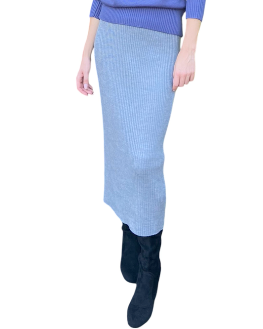 Classic Design Elasticated Waistband Soft Wool Ribbed Knitted MIDI Grey Skirt - AALKAMI.London