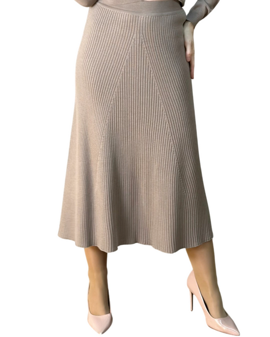 A-Line Classic Fit Knitted MIDI Ribbed Mocha Merino Wool Skirt - AALKAMI.London