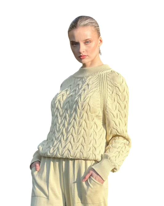 Relaxed Fit Merino Wool Cable Knit Round Neck Yellow Knitted Jumper - AALKAMI.London