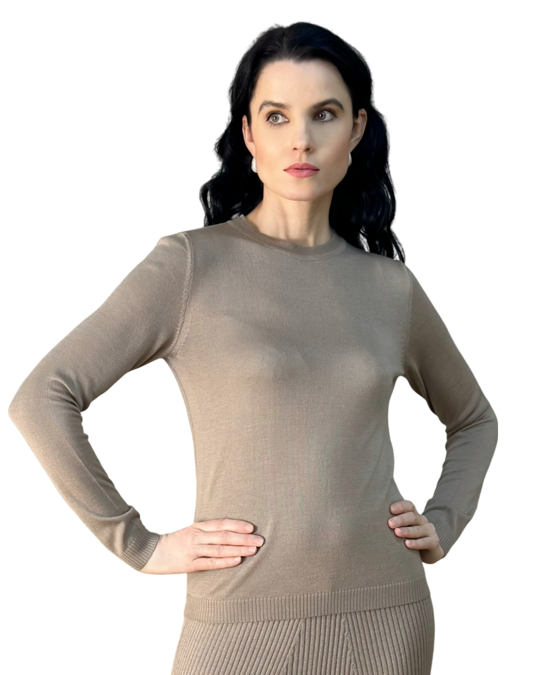 Long Sleeve Round Neck Mocha Merino Wool Top - AALKAMI.London
