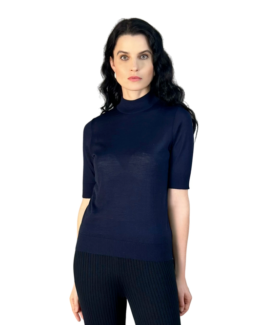 Classic Silhouette Breathable Crew Neck Short Sleeve Navy Merino Wool Top - AALKAMI.London
