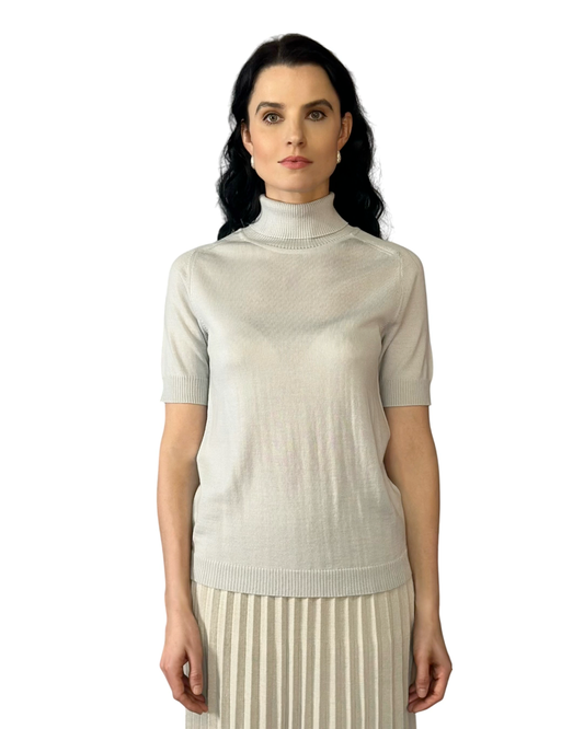 Luxury Merino Wool Short Sleeve High Neck Knitted Grey Top - AALKAMI.London