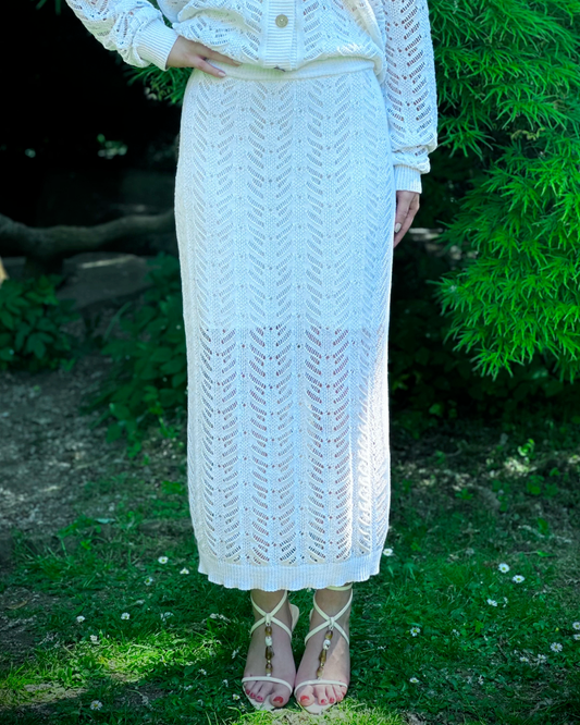 Elegant Open-Knit Linen Straight MAXI Summer Skirt in White - AALKAMI.London