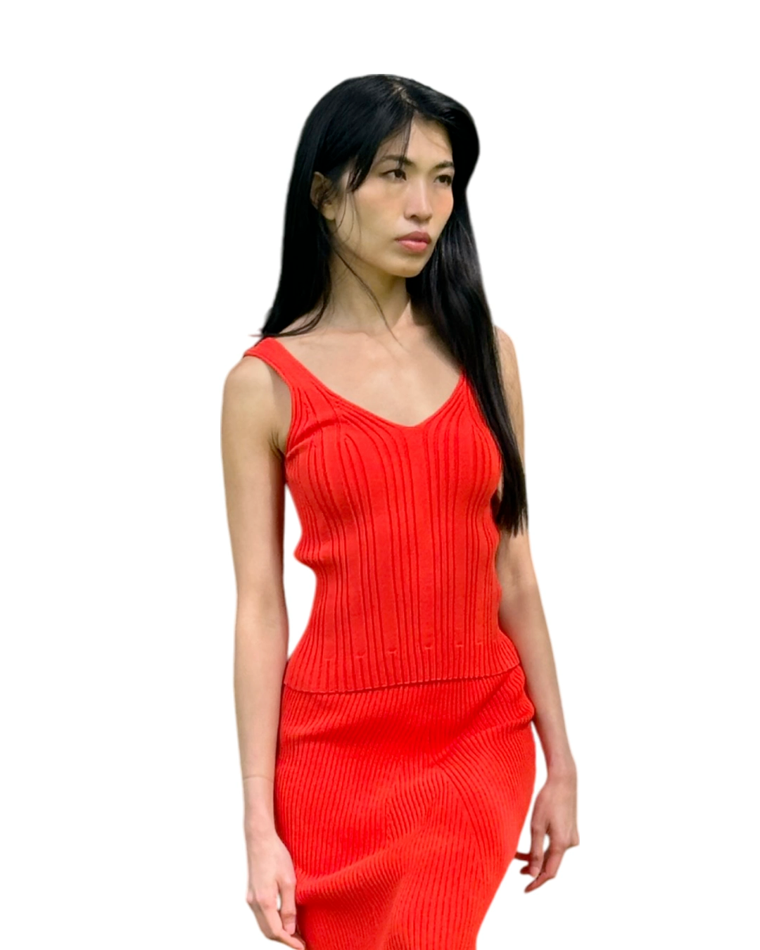 Lightweight Fitted Silhouette V-Neck Knitted Red Sleeveless Ribbed Top - AALKAMI.London