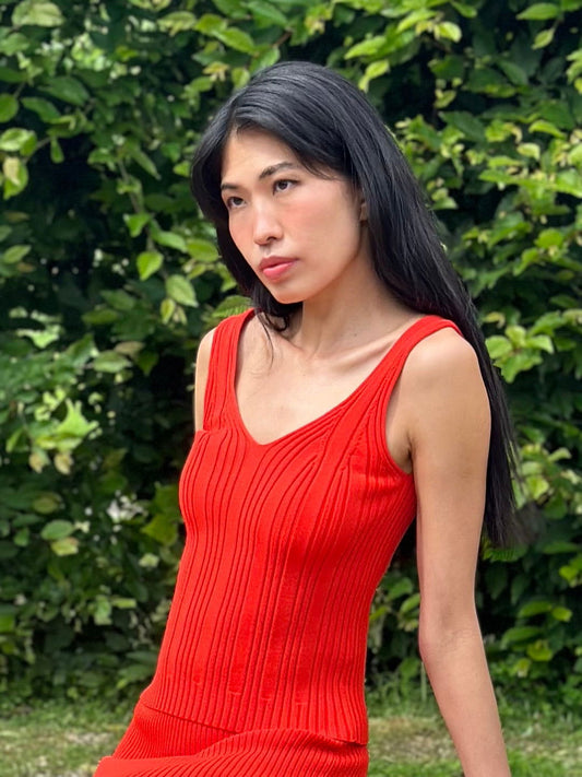 V-Neck Soft Slim Fit Sleeveless Ribbed Red Knitted Summer Top - AALKAMI.London